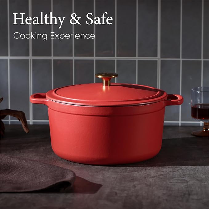 CAROTE 5QT Enameled Cast Iron Dutch Oven Pot with Lid | Sourdough Bread Baking, Braising, Stews, Roasting, Dual Handles, Oven Safe up to 500° F, Red