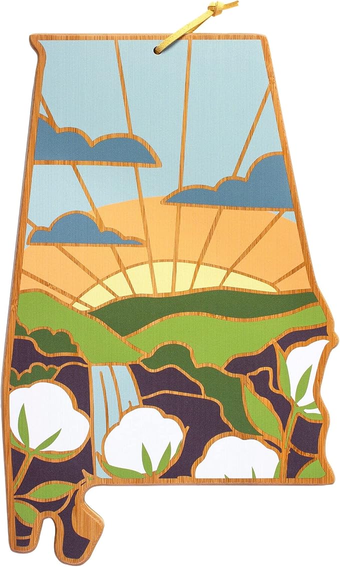Totally Bamboo Alabama State Shaped Cutting Board, Summer Stokes Art | State charcuterie board with colorful hand-drawn landscape art. Smooth reverse side for food prep. Hang tie for wall display.