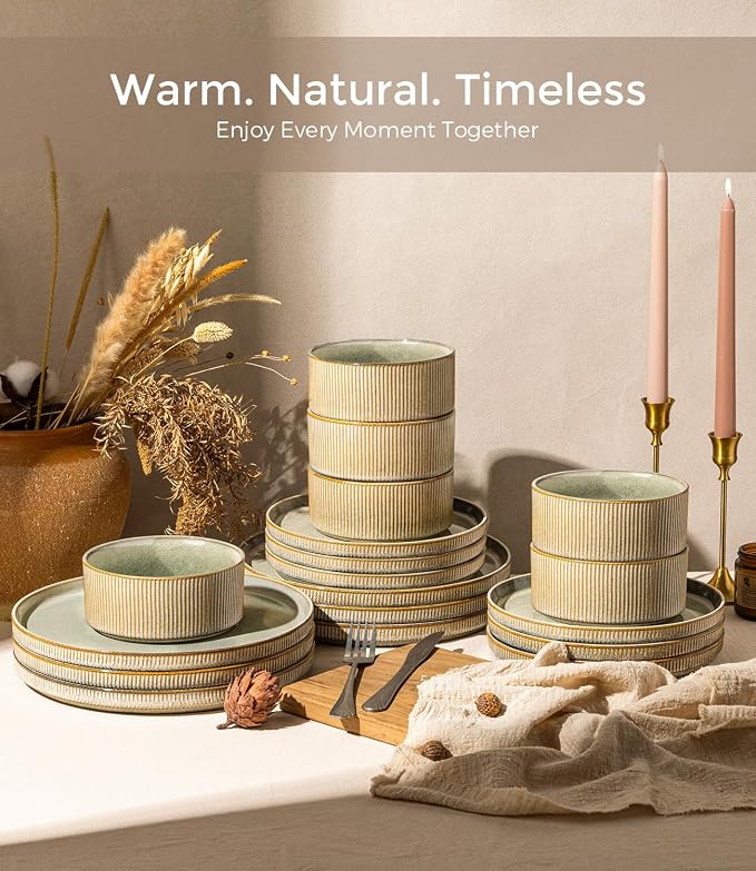 GBHOME Stoneware Dinnerware Sets for 4,12-Piece Plates and Bowls Set | Handmade Reactive Glaze Ceramic Dish Set, Scratch Resistant, Dishwasher&Microwave Safe,Desert Sage