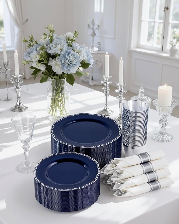 350 Pcs Blue Silver Plastic Plates Wedding & Party | Silver Plastic Dinnerware Set Includes 50 Dinner Plates, 50 Dessert Dinnerware, 50 Cups, 50 Napkins