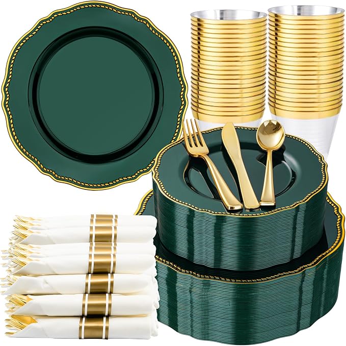 350 Pcs Green Gold Plastic Plates Wedding & Party | Gold Plastic Dinnerware Set Includes 50 Dinner Plates, 50 Dessert Plates, 50 Gold Utensils, 50 Napkins