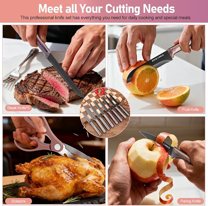 16-Piece Kitchen Knife Block Set with Cutting Board - German Stainless Steel Knives, Built-In Sharpener, Dishwasher Safe, Anti-Slip Handle - All-in-One Cutlery Set for Home/Kitchen (Pink)