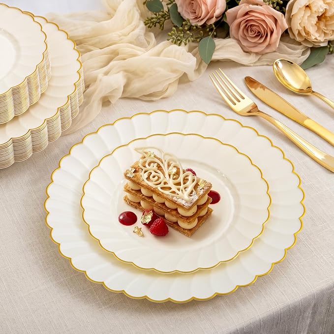 YOUBET 175PCS Ivory Scalloped Plastic Plates for Party Wedding | Ivory and Gold Disposable Dinnerware Set Include 50 Plates, 75 Gold Silverware, 25 Cups, 25 Napkins