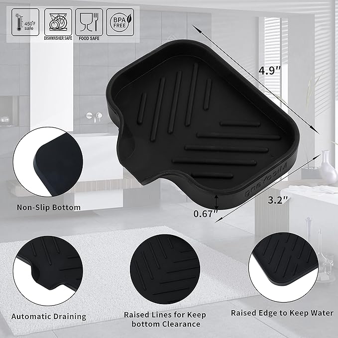 MicoYang Silicone Soap Dish with Drain Spout, Self-Draining Sink Organizer Tray for Bathroom and Kitchen, Sponges, Dispensers and Soap Holder, Non-Slip and Dishwasher Safe, Black (Compact, 4.9"×3.2")