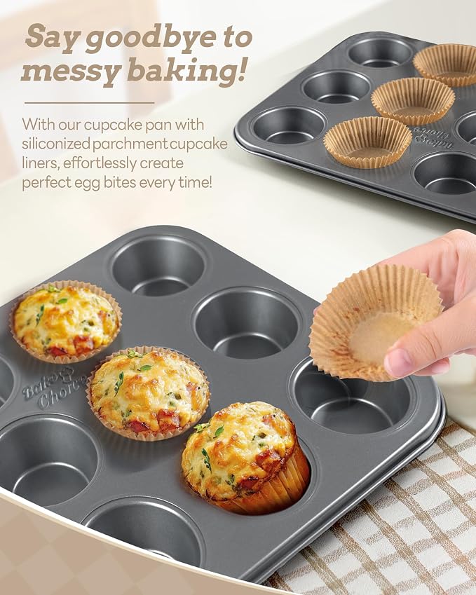 Bake Choice 2 Muffin Pan for Baking, Standard Cupcake Pan with 100 Liners | Includes 100 Natural Cupcake Liners, Non-Stick Muffin Tin Nonstick 12 Cup, Baking Pans Set, Carbon Steel Baking Supplies