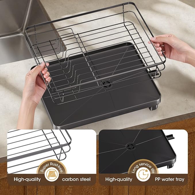 Runnatal Dish Drying Rack with Drainboard for Kitchen Counter and Sink | Large Dish Rack Rustproof Dish Drainer with Detachable 2-in-1 Utensil Holder, Extra Cup Holder, Black