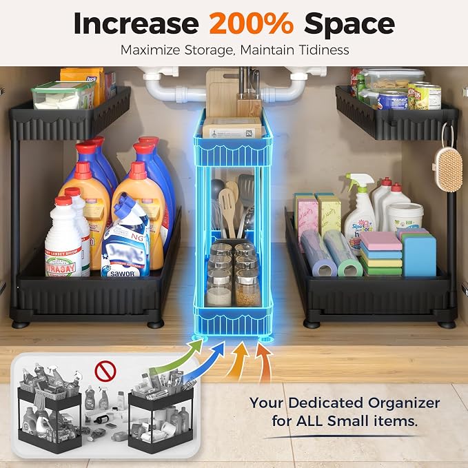 3-Pack 2-Tier L-Shaped Under Sink Organizers with Sliding Drawers | Multi-use kitchen & bathroom storage, 12.85 inch black cabinet organizer, space-saving sliding drawer design.