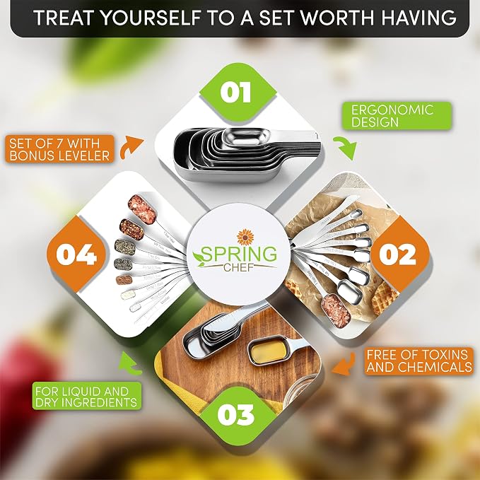 Spring Chef Stainless Steel Measuring Spoons Set of 8 with Leveler | Rectangular Metal Teaspoon & Tablespoon Measuring Spoons for Dry & Liquid Ingredients, Nesting Metric Spoons with Long Handle