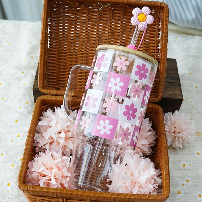 ANOTION Birthday Pink Glass Cup with Handle Gift Box for Women | Coquette Gift Basket for Her, Glass Cup with Handle, Fuzzy Socks, Knitted Coaster, Plush Bouquet