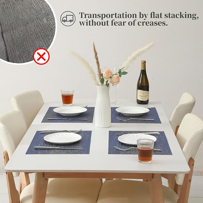 Leetaltree Denim Blue Placemats Set of 12 - Heat Resistant Non-Slip Place mats for Dining Table, Washable Durable PVC Vinyl Woven Table Mats（Denim Blue, 12）