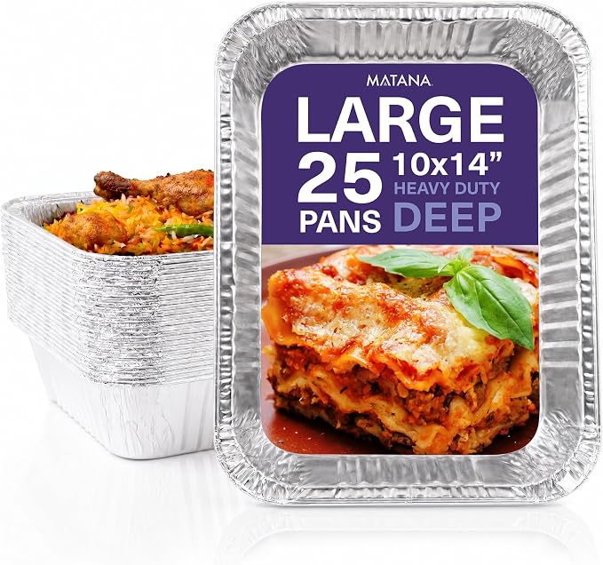 MATANA 25 Pack Aluminum Pans 10x14 - Large Aluminum Foil Pans - Lasagna Pan Disposable Baking Tins - Half Size Deep Foil Trays for Serving Food, Cooking, Roasting, Heating, Chafing, Catering, Parties