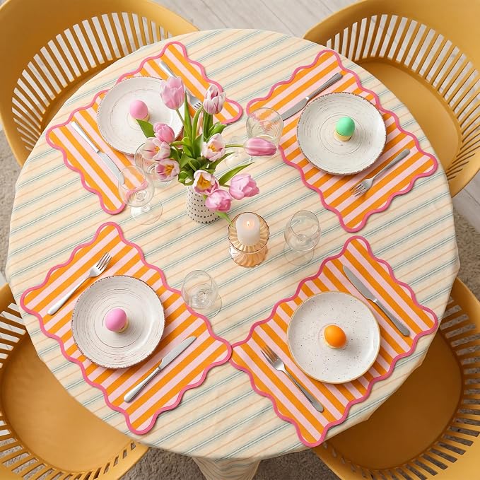 100 Pcs Italian Summer Party Decorations Orange Pink Stripe Scalloped Paper Placemats Disposable Place Mats for Summer Sunset Soiree Wedding Bridal Shower Party Home Table Kitchen Decor