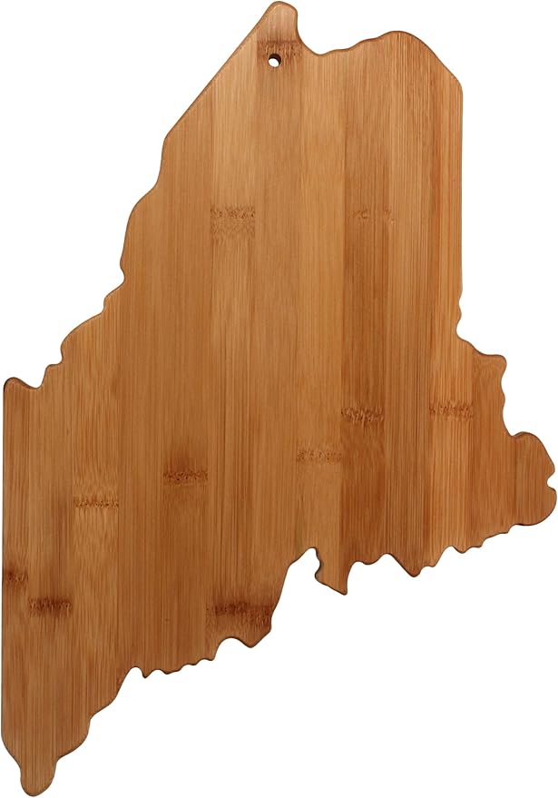 Totally Bamboo Maine State Shaped Bamboo Serving and Cutting Board | State charcuterie board with natural bamboo grain. Knife-friendly surface for food prep. Hang tie for wall display.