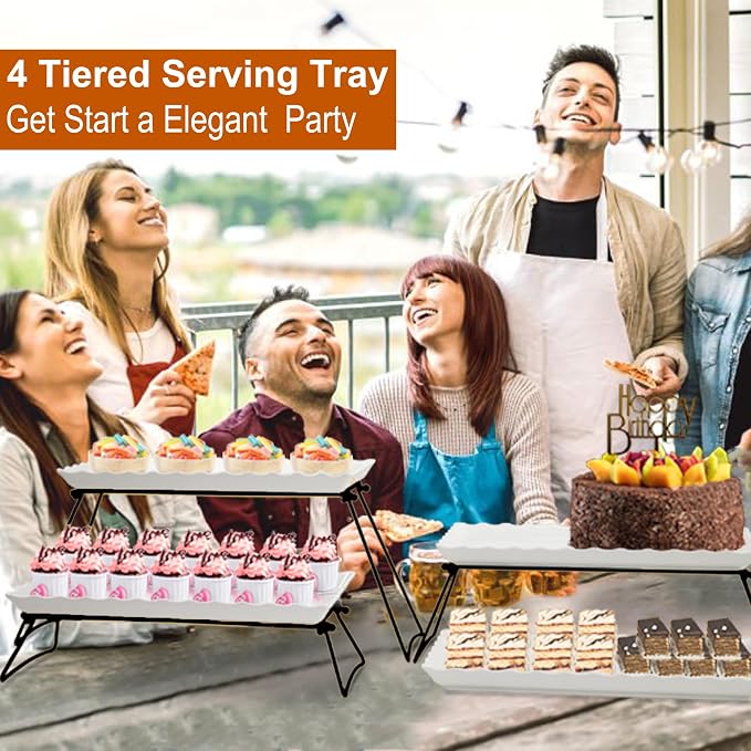 KAQAHIDO Extra Large 4 Tier Serving Tray Set, 34x22x10 inch Wave Edge Melamine Dessert Table Display Set, Tiered Trays Stand for Party Buffet Entertaining, Black and White