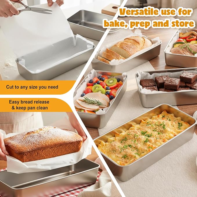 Large Loaf Pans, 12 x 5 Inch Stainless Steel Loaf Pans for Baking | 2 Pack Bread Pans Tins w/ Parchment, Bread Loaf Baking Pan for Meatloaf, Cake, Brownies, Non Toxic, Oven & Dishwasher Safe