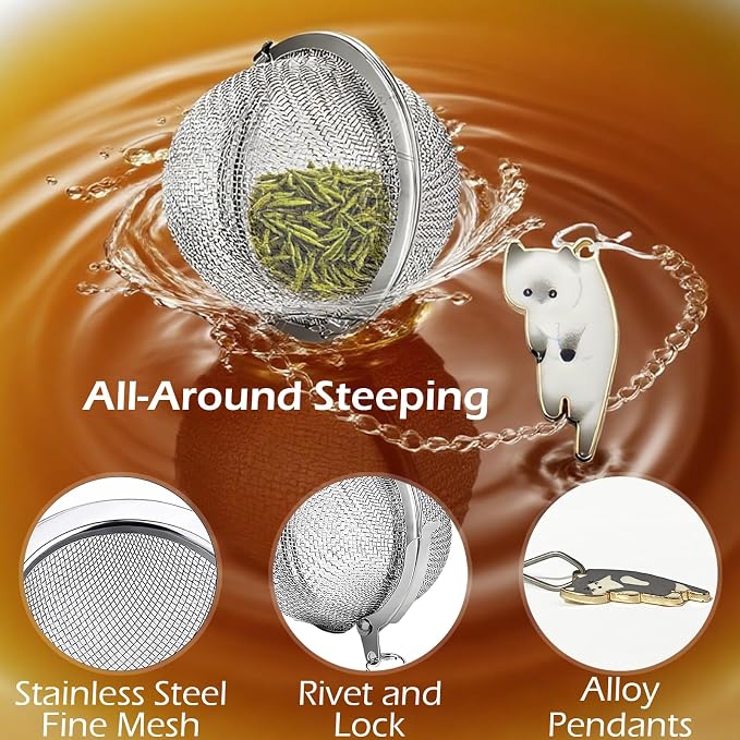Cat Tea Infuser Set 2PCS, Loose Leaf Tea Strainers with Cute Alloy Charm, Stainless Steel Mesh Steeper for Flower Fruits Spices Herbal Tea and Cold Brew