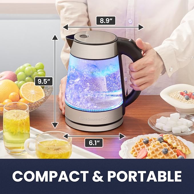 Elite Gourmet EKT-602 BPA-Free Electric Glass Kettle, Cordless 360° Base | Stylish Blue LED Interior, Auto Shut-Off Function, Quickly Boil Water for Tea & More