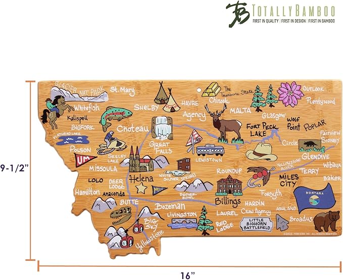 Totally Bamboo Montana State Shaped Cutting Board, Art by Fish Kiss | State charcuterie board with colorful hand-drawn map artwork. Smooth reverse side for food prep. Hang tie for wall display.