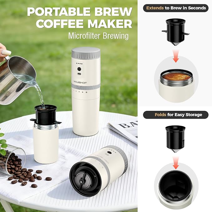HAUSHOF Portable Coffee Maker for Travel, Rechargeable Electric Grinder | Collapsible Pour-Over Filter;5 Adjustable Grind Levels;Carry Bag for Easy Travel