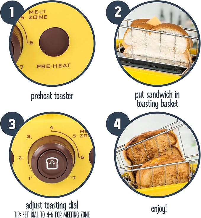 Nostalgia Deluxe Grilled Cheese Sandwich Toaster with Easy-Clean Toasting Baskets - Adjustable Toasting Dial and Extra Wide Slots - Yellow