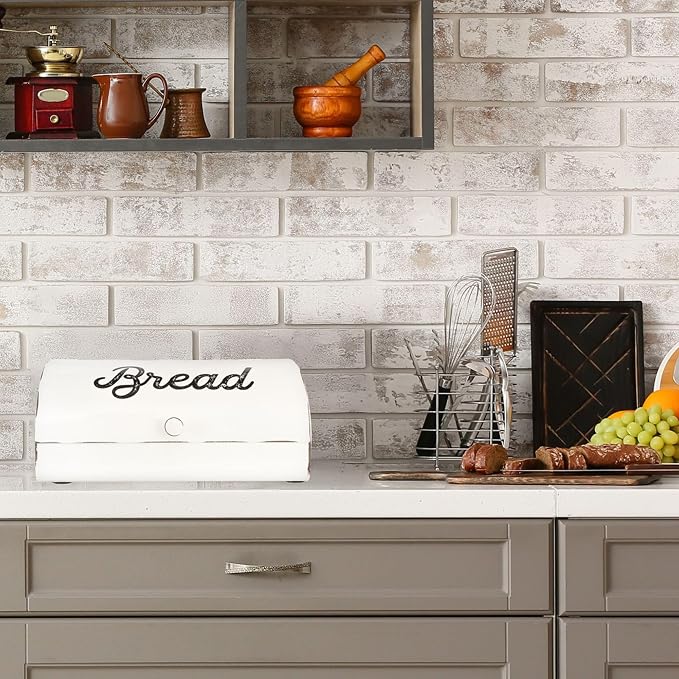 AuldHome Design Rustic White Bread Box; Farmhouse Vintage Enamelware Countertop Bread Bin