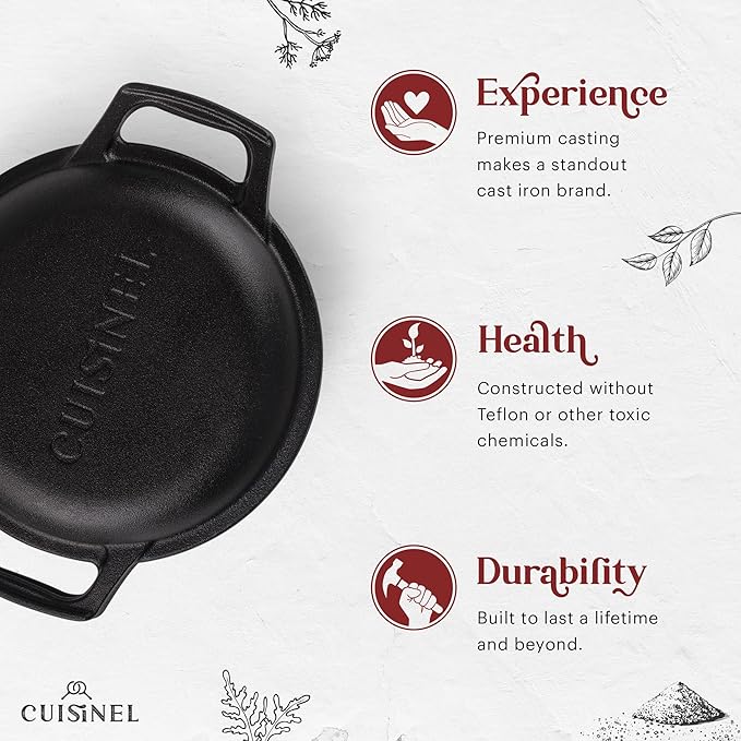 Cuisinel Cast Iron Dutch Oven - 3-Quart Deep Pot - Pre-Seasoned 2-in-1 Multi-Cooker - Combo Lid Doubles as 8"-inch Skillet + Silicone Handle Covers + Scraper - Use for Baking Bread. PFAS and PFOA-free