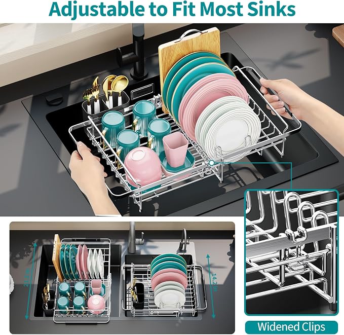 Urackify Expandable Stainless Steel Dish Drying Rack, 13-18 Inch | Expandable design in sink dish rack . Stainless steel with utensil holder, ample storage capacity ideal for small kitchens.