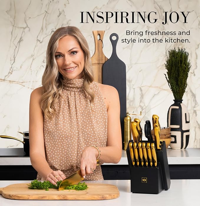 Styled Settings Gold Knife Set with Block and Built-In Sharpener, 14-Piece | Full Tang Titanium-Coated Stainless Steel Gold Kitchen Knife Set with Self-Sharpening Block, Gold Kitchen Accessories