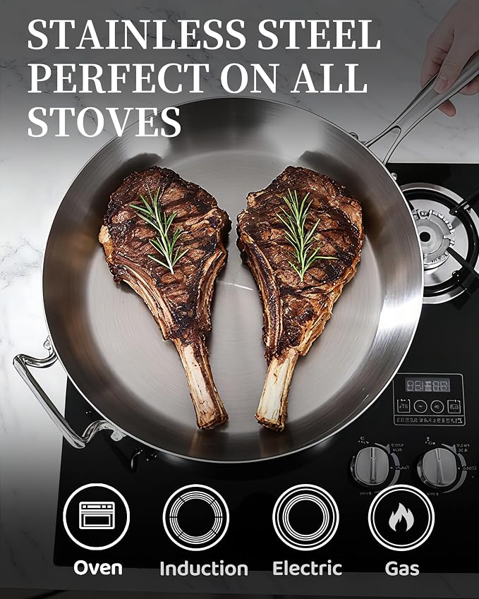 14-Inch Tri-Ply Stainless Steel Frying Pan with Lid | Large Size | Detachable Handle | Induction Compatible | Oven & Dishwasher Safe | Ideal for Frying, Sautéing & Simmering | Serves for 4-8