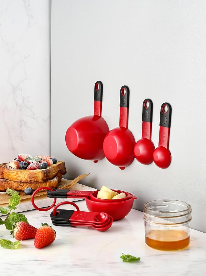 Spring Chef Set of 9 Plastic Magnetic Red Measuring Cups and Spoons | for Dry & Liquid Ingredients - Food Safe & BPA Free - Nesting Design - Dishwasher Safe