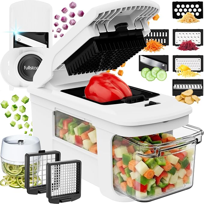 Fullstar Pro XL Vegetable Chopper & Mandoline Slicer w Pull-Out Catch Tray | 11 in 1 Veggie, Onion & Fruit Slicer, Dicer & Grater with Sharp Stainless Steel Blades - XL Food Prep Set ((White)