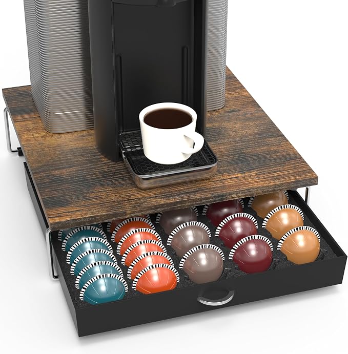 Deco Brothers Vertuo Pod Holder Drawer, Fits 30 Large or 60 Small Capsules | Compatible with Nespresso Pods, Rustic Brown