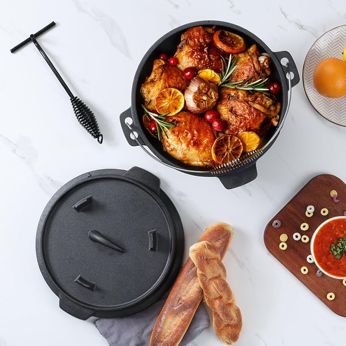 Leonyo 5QT Camping Dutch Oven with Lid Lifter, Pre-Seasoned & Cast Iron | 2-IN-1 Cast Iron Camping Dutch Oven, Heat Conduction & Good Sealing & Heavy Duty