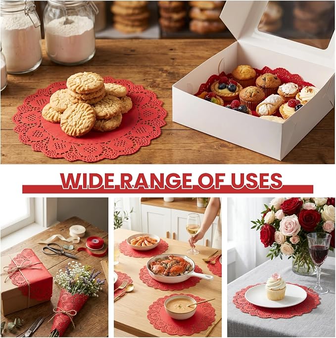 300 Pack 13.5 Inch Round Red Paper Doilies, Disposable Lace Placemat | Rustic Scallop Doily Table Pads, Heavy-Duty Paper Place Mats for Cakes, Crafts, Parties, Weddings, Buffet, Home Decor