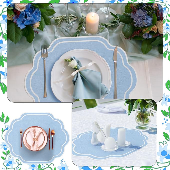 6-Piece Scalloped Embroidered Placemats - 17" x 13" Double-Layered Cotton Table Mats for Wedding, Party & Holiday Decor (Light Blue)
