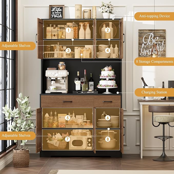 HOSTACK 71"H Kitchen Pantry Storage Cabinet, Farmhouse Hutch Cabinet, Brown | Space-Saving Pantry Cabinet with Charging Station & 2 Large Drawers & Adjustable Shelves, Tall Kitchen Hutch, Dining Room