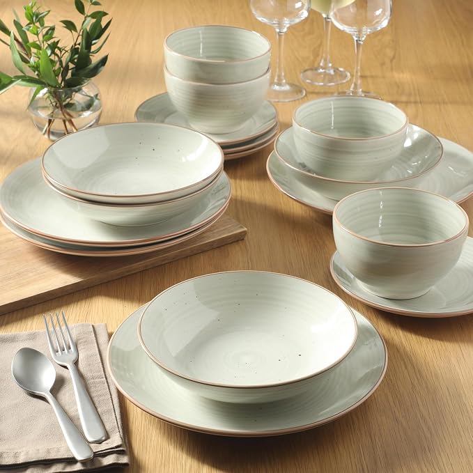 Gibson Home Stonebury 16 Piece Plates and Bowls Cream Grey Dishes - Handpainted Stoneware Dinnerware Set - Service for 4