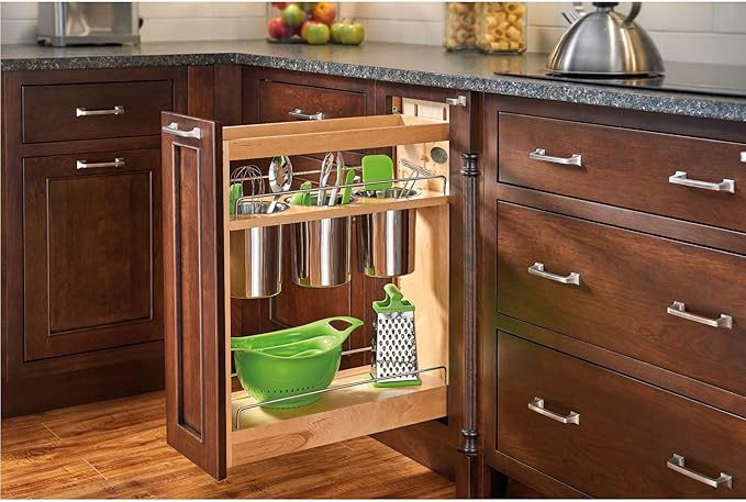 Rev-A-Shelf Pullout Organizer w/Soft-Close, Min Cabinet Opening 8.5" W | 8.75" W Slide Out Pantry Spice or Utensil Storage Rack w/BLUM Soft-Close & Adjustable Shelves for Base Cabinet, 448UT-BCSC-8C
