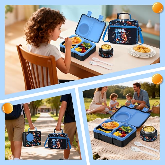 Bento Box for Kids, Leakproof Kids Lunch Box with 8.5OZ Thermo Food Jar & Lunch Bag, 3-4 Compartments Toddler Insulated Lunch Box for Boys, BPA Free Lunch Containers for School Daycare