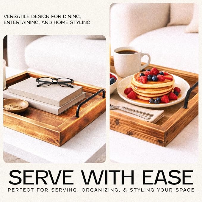 Besti Rustic Vintage Food Serving Trays (Set of 2) | Nesting Wooden Board with Metal Handles | Stylish Farmhouse Decor Serving Platters | Large: 15 x2 x11” - Small: 13 x2 x9” (Rustic Light Brown)