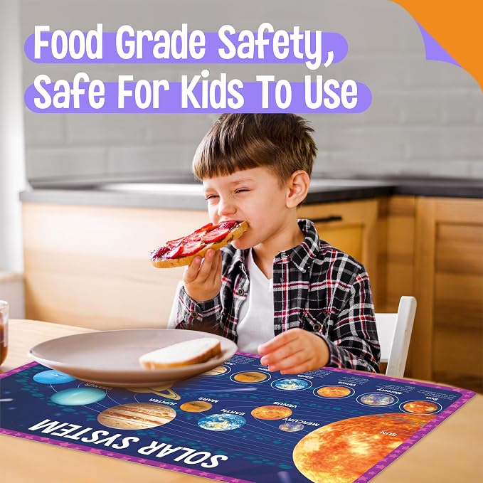 6 Pack Placemats for Kids, Non-Slip Washable, Reusable Universe, Periodic Table, US President, Human Body, Map of USA & World Educational Placemats for Home, Kindergarten, Classroom, Nursery