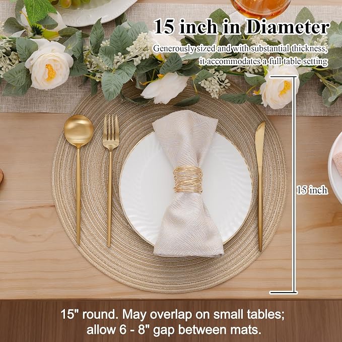 SHACOS 15 inch Beige Round Placemats Set of 12 for Dining Table Woven Braided Circle Place Mats Kitchen Placemat Washable Table Mats