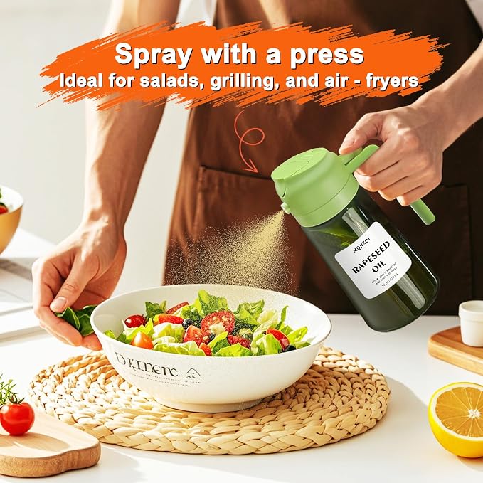 Olive Oil Sprayer for Cooking, 16oz Glass 2 in 1 Oil Dispenser Bottle | Light Blocking, BPA-Free Food Grade, Fine Mist Precise Control, Air Fryer BBQ Salad, Leakproof Anti-Clog, Pre-Printed Labels
