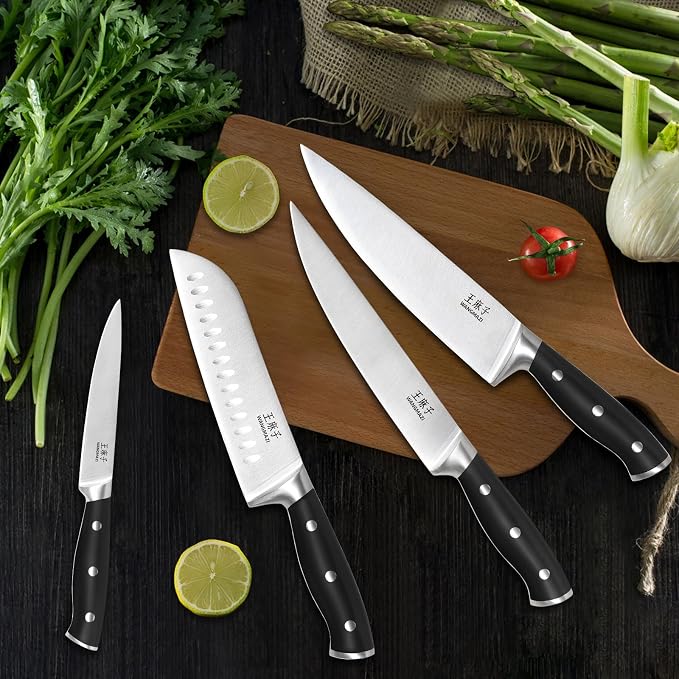 15 Pcs Knife Set with Block, Dishwasher Safe Kitchen Knife Set with Built in Sharpener Block, High Carbon Stainless Steel Dishwasher Safe Knives with Ergonomic Handles for Chef, Black Pro