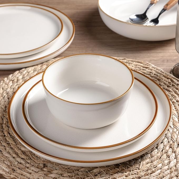 GBHOME Dinnerware Sets for 8, 24 Pieces Ceramic Plates and Bowls Set | Scratch Resistant Stoneware Dishes Set, Dishwasher & Microwave Safe, Reactive Glaze, Pearl White