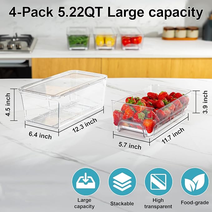 4-Pack Stackable Fruit Storage Containers for Fridge | Pull-Out Drawer Organizer Bins, With Lids & Drain Tray, Keep Fresh, Removable Refrigerator Container for Berry, Veggie, Drink