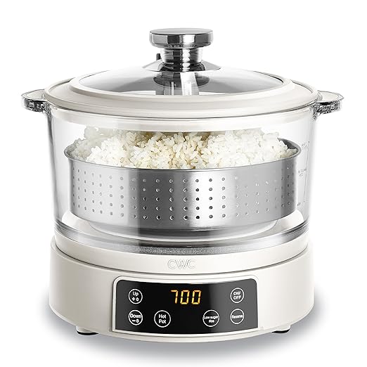 COOK WITH COLOR Glass Mini Low Carb Rice Cooker – Holds 2 Cups Raw/Makes 6 Cups Cooked with Auto Lift Filter Basket, Hotpot & Steamer for Rice, Grains, Digital Panel with Keep Warm, Cream