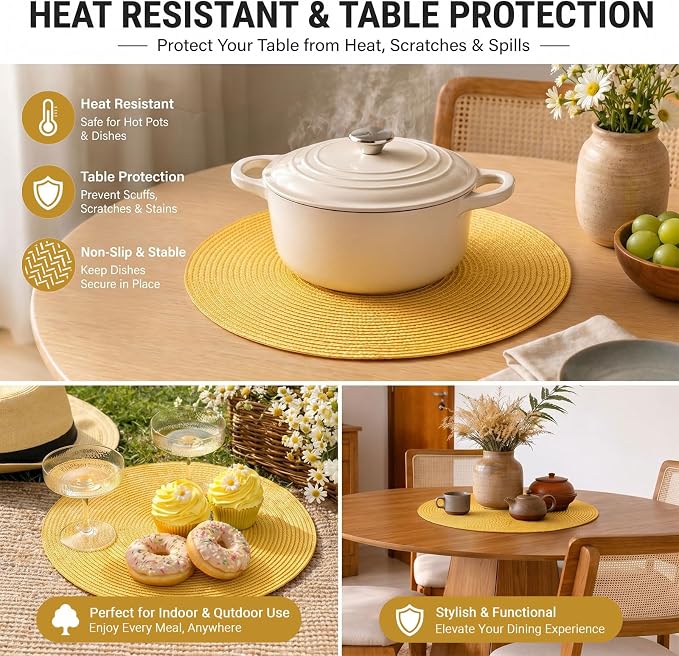 FunWheat Round Braided Placemats Set of 4 Table Mats for Dining Tables Woven Washable Non-Slip Place mats 15inch (Yellow, 4pcs)