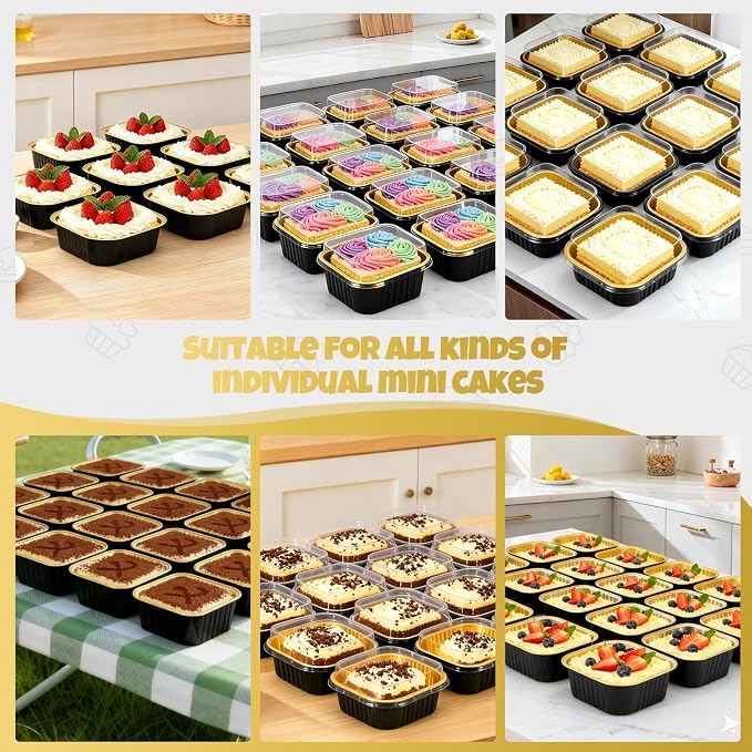 100 Pack 10oz Mini Cake Pans With Lids, Aluminum Foil Square Brownie Baking Cups,Disposable 4”x4” Large Cupcake Pan,Jumbo Muffin Tin Ramekins Holders-Black in Gold