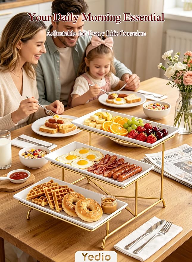 3 Tier Serving Tray Set Porcelain Tiered Serving Platters, Collapsible Sturdier Stand with Stable Cross Bars, 12 Inch Three Layer Serving for Party Entertaining Food Display Fruit Dessert